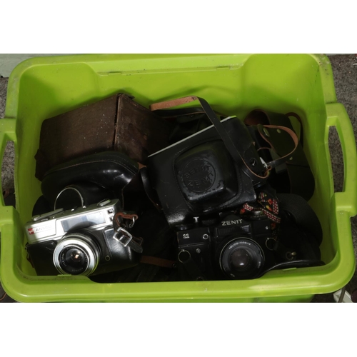 193 - A box of assorted cameras and lenses to include Zenit EM Moscow 1980 Olympic edition, Hilyte project... 