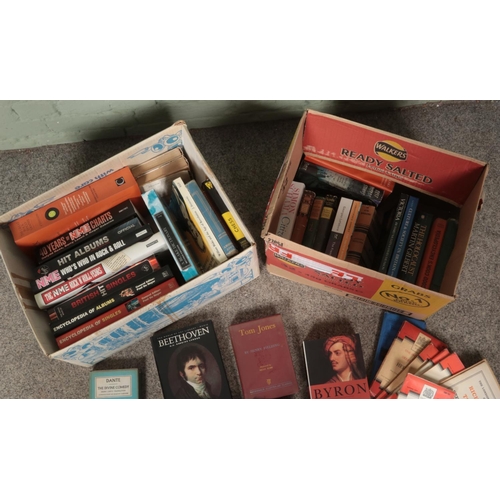 198 - Two boxes of assorted books to include The Great Rock Discography, William Blake, Ordinance Survey M... 