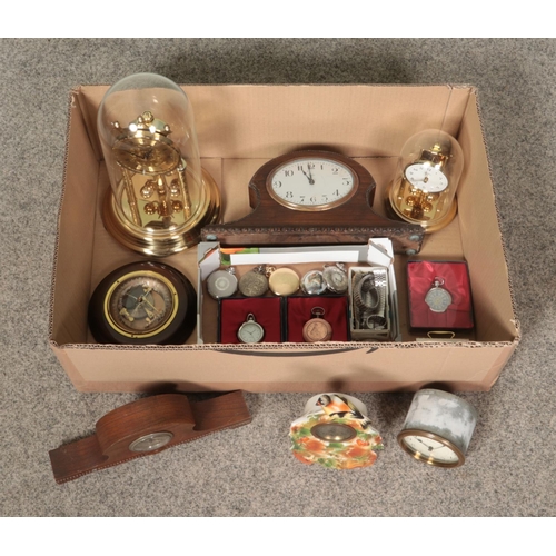 202 - A box of anniversary/mantle clocks and a tray of pocket watches, to include H. pidduck and sons 8 da... 