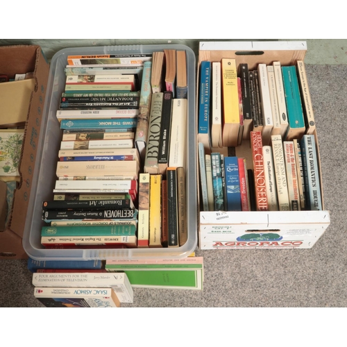 206 - Four boxes of assorted books of mostly travel and arts to include The Ladybird Book of British Wildf... 