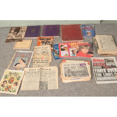 214 - A box of vintage royalty books and old newspapers to include The illustrated news records of the cor... 