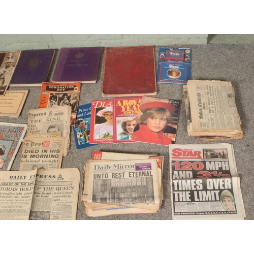 214 - A box of vintage royalty books and old newspapers to include The illustrated news records of the cor... 