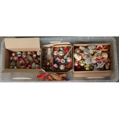 225 - A box of assorted vintage Christmas decorations to include baubles, miniature tree, etc.