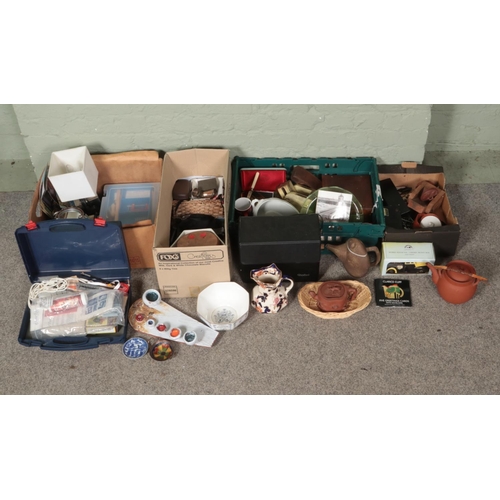 231 - Four boxes of assorted items, to include Masons Mandalay jug, photography and craft equipment, flatw... 