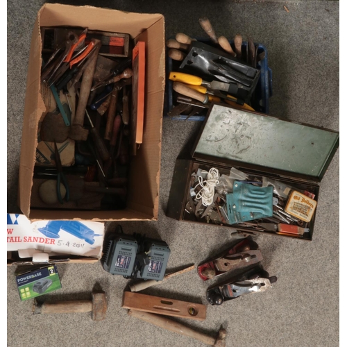 278 - Two boxes of assorted tools to include chisels, screwdrivers, Marples plane, 180W detail sander, etc... 