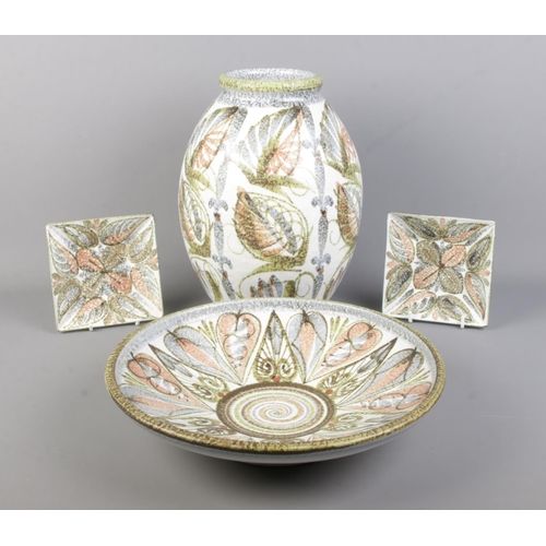 54 - Four pieces of Denby Glyn Colledge ceramics, with stylised leaf decoration. Includes charger and lar... 