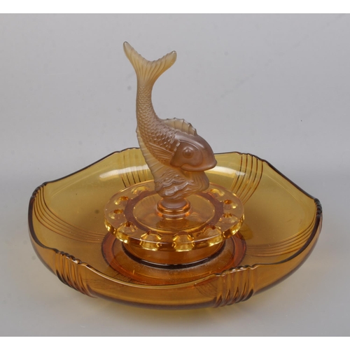 70 - An Art Deco Josef Inwald 'Poisson Volant' Flying Fish bowl featuring frosted glass fish stopper.