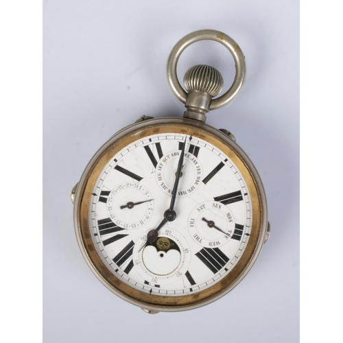 482 - A white metal open face goliath pocket watch featuring moon phase dial and roman numeral face.