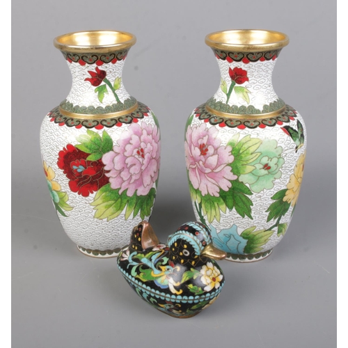 79 - A collection of oriental cloisonne to include pair of floral vases and a small decorative mandarin d... 