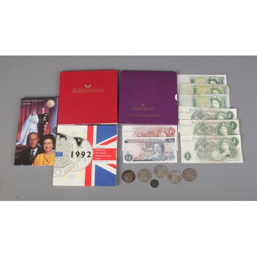 515 - A good collection of British coins and banknotes to include 1874 Victorian silver half crown, Bank o... 