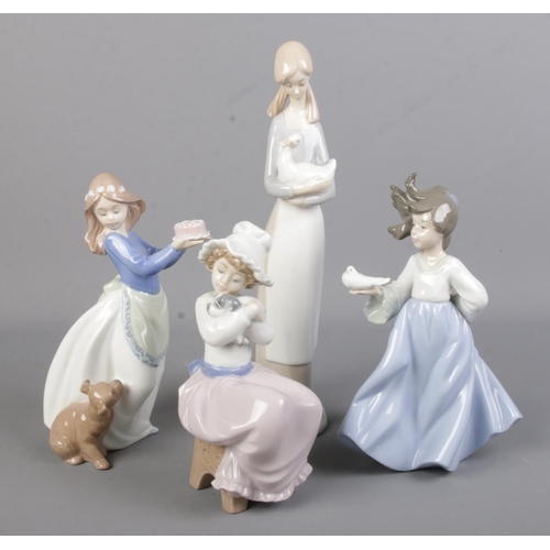 521 - Four Nao figures of girls. Includes two with dogs, one with a duck and one with a dove.