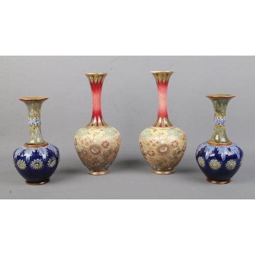 536 - Two pairs of Doulton Lambeth vases, including Slater's Patent examples. Both pairs with flared necks... 