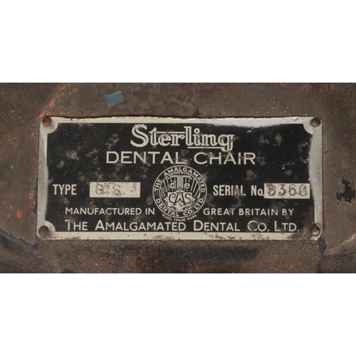 600 - An early to mid 20th century dentist chair. Bearing plaque for Sterling Dental Chair by The Amalgama... 