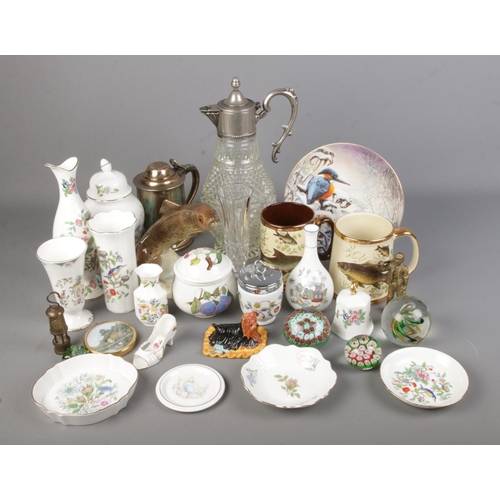 104 - A tray of mixed collectables including a pressed glass and silver plate claret/water jug, Aynsley & ... 