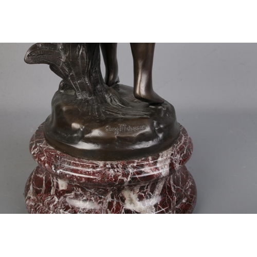 161 - After Auguste Moreau, a large bronze sculpture depicting a girl with bird on marble base.

Hx48cm