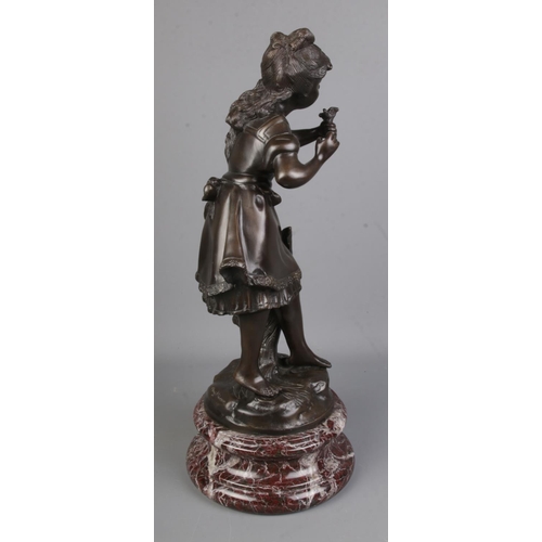 161 - After Auguste Moreau, a large bronze sculpture depicting a girl with bird on marble base.

Hx48cm