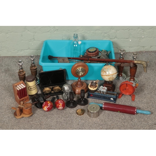 194 - A good box of mixed collectables including wooden and ebonised candlesticks, desktop barometer, mini... 