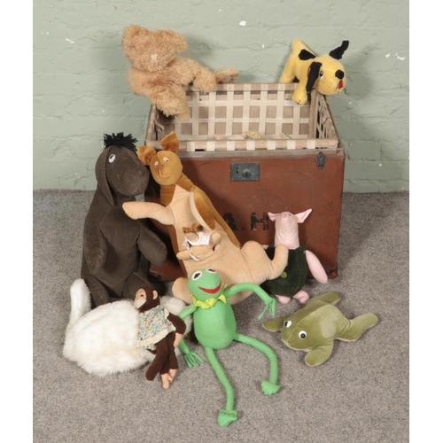 218 - A collection of vintage soft toys including Kermit the frog, cats, lamb and kangaroo