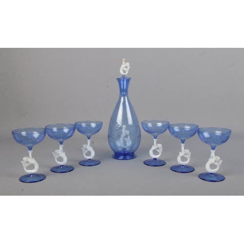 4 - A 1930s Art Deco Bimini Werkstatte/Lauscha decanter of footed baluster form in pale blue with an int... 