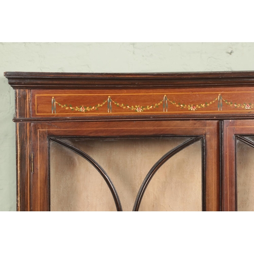 580 - An Edwardian inlaid mahogany display cabinet with hand painted detail to frieze and door panels.

Hx... 