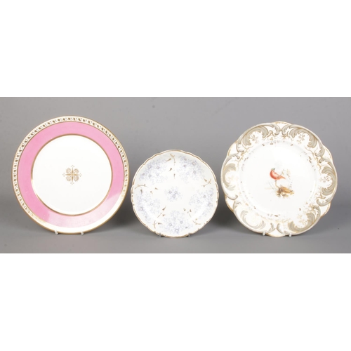 106 - Three pieces of Rockingham porcelain. Includes plate with hand painted exotic bird, seaweed design d... 