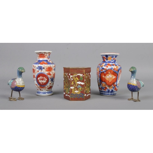 10 - Three small pieces of cloisonne, to include hexagonal lidded jar and two ducks, together with two sm... 