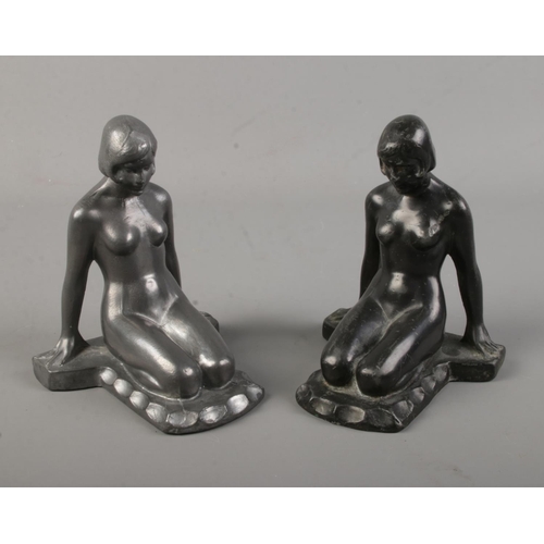 109 - A pair of Art Deco spelter bookends of nude maidens.