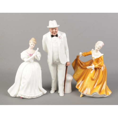 118 - Three Royal Doulton figures. Includes Sir Winston Churchill HN3057, Kirsty HN2381 and Denise HN2477.