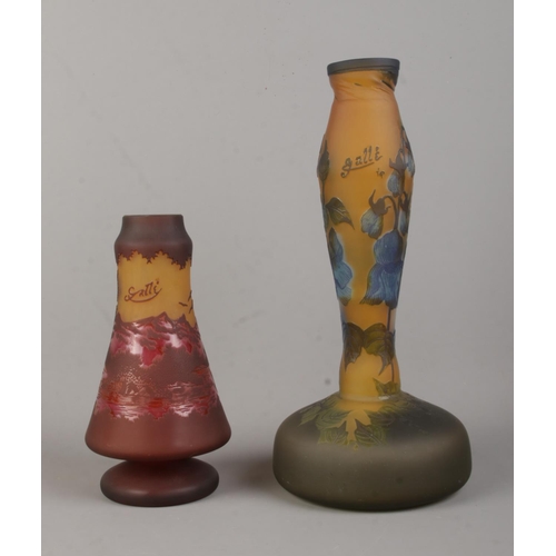 127 - Two Galle and Galle Tip style glass cameo vases; one depicting a mountain range, the other with flow... 