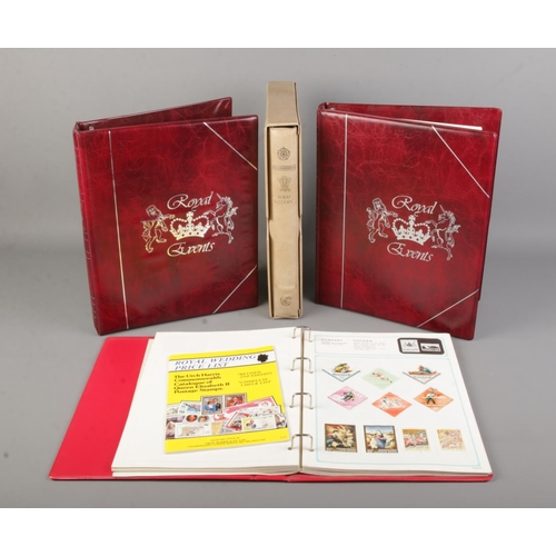 130 - A collection of stamp albums. Includes Royal Events (one near complete), World stamps and Royal Wedd... 