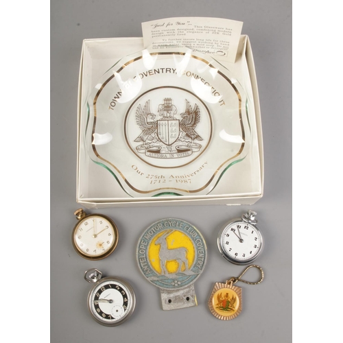 140 - Three Ingersoll pocket watches with a Antelope Motor Cycle Club Coventry badge together with a Town ... 