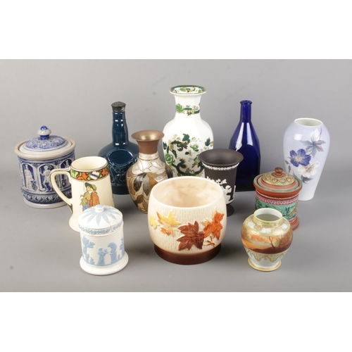 170 - A collection of mainly named ceramics and glassware. To include German salt glazed tobacco jar, Maso... 