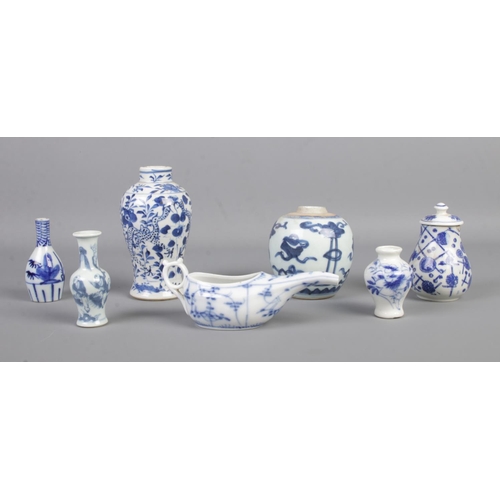 25 - A collection of oriental blue and white ceramics, to include invalid feeder, small baluster shaped v... 