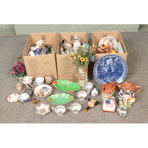 195 - Three boxes of miscellaneous to include Noritake, Staffordshire Figures, Cottage ware, Eternal Beau ... 