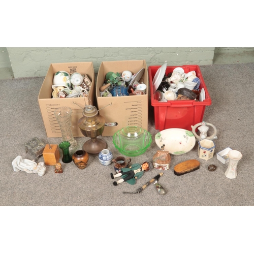 199 - Three boxes of miscellaneous ceramics and glassware to include Palissy, Oriental ceramics, Foley, Li... 