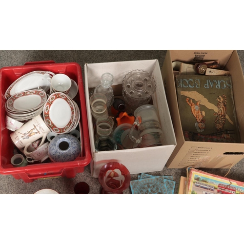 203 - Three boxes of miscellaneous ceramics and glassware to include coloured art glass, Holy Bible, Royal... 