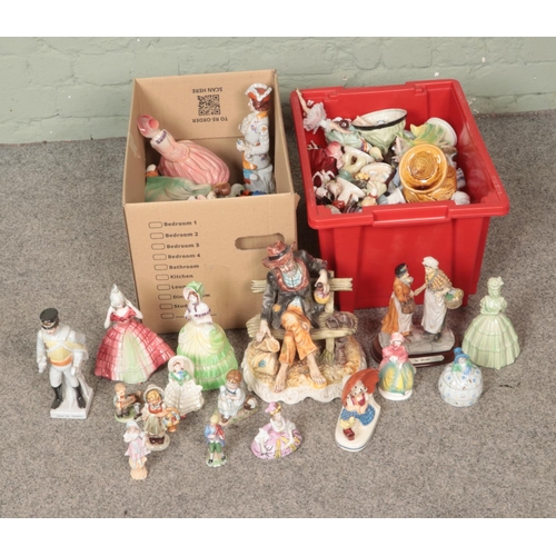 204 - Two boxes of assorted ceramic figures to include Capodimonte, Goebel, Dresden, Katzhutte etc.