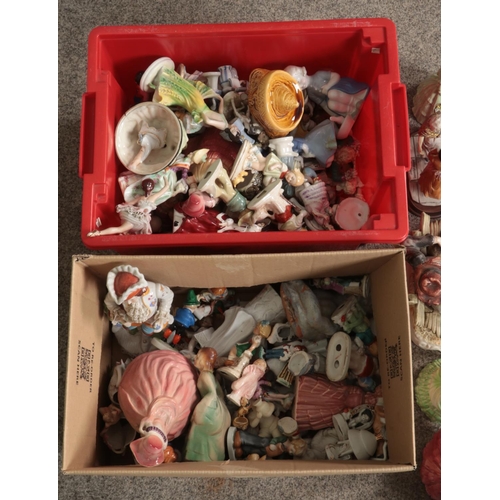 204 - Two boxes of assorted ceramic figures to include Capodimonte, Goebel, Dresden, Katzhutte etc.