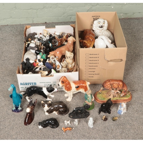 205 - Two boxes of assorted ceramic animals to include Coopercraft dogs, Wade Whimsies,  Sandygate, Midwin... 