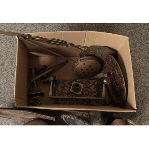 208 - One box of assorted metal wares to include brass framed mirror, fire companion set, mixed candlestic... 