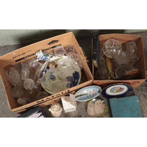 221 - Two boxes of miscellaneous to include Royal Copenhagen vase, cut glassware, brass dolphin figure, bi... 