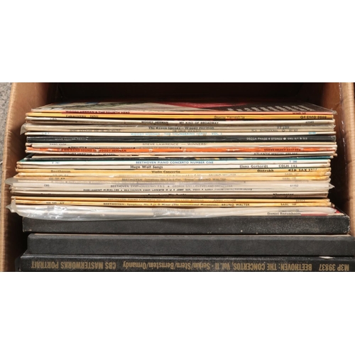 228 - Four boxes of records. Includes Rick Wakeman, Grace Jones, Japan, classical box set etc.