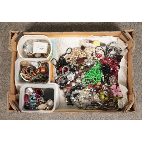 232 - A large tray of costume jewellery including brooches, necklaces, earrings, watches etc.