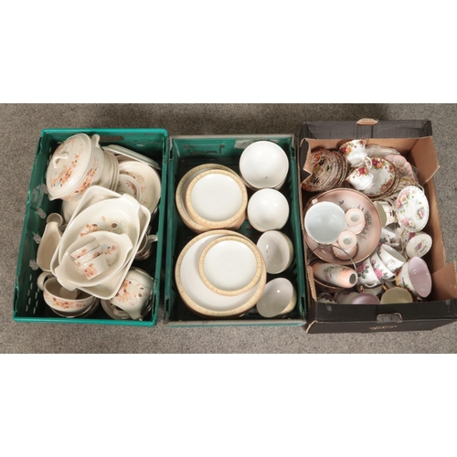 235 - Three boxes of ceramics. Includes Poole Summer Glory, Denby, Royal Albert Old Country Roses, Royal V... 