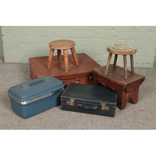 240 - A collection of vintage cases and stools. Includes Samsonite example.