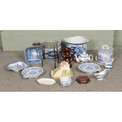 243 - Two boxes of assorted items, to include Victorian blue and white ceramics, 'Athens' pattern cheese d... 