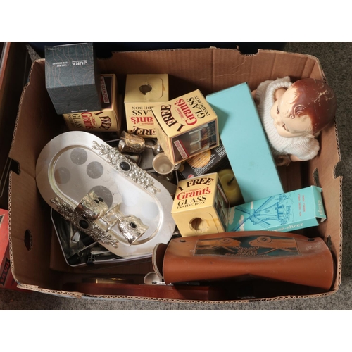 244 - Three boxes of miscellaneous. Includes boxed Whisky glasses, large Bell's Whisky bottle, resin table... 