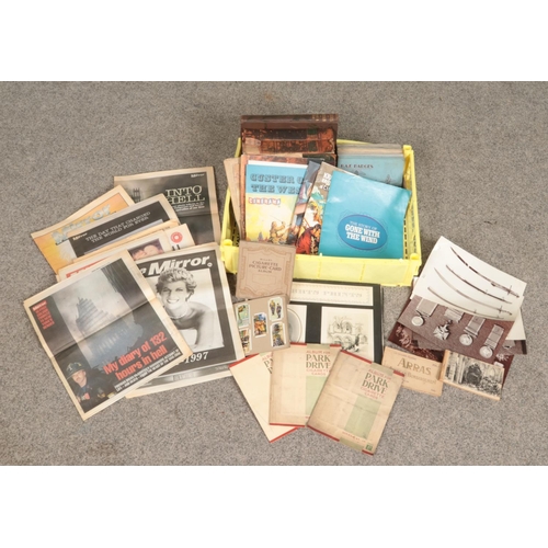 246 - A box of mixed ephemera. Includes cigarette cards with military interest, Roberts prints, Household ... 