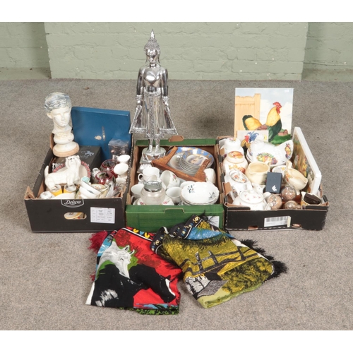 258 - Three boxes of miscellaneous. Includes large silvered composite Buddha, Coalport, Royal Worcester, M... 