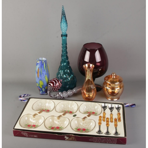 262 - A collection of glass including Murano style pieces, carnival glass ginger jar and vase, glass walki... 